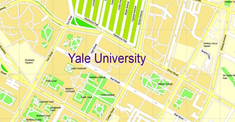 Printable Map Yale University, New Haven, Connecticut, US, exact vector street G-View Level 17 (100 meters scale) map, V.30.12. fully editable, Adobe Illustrator