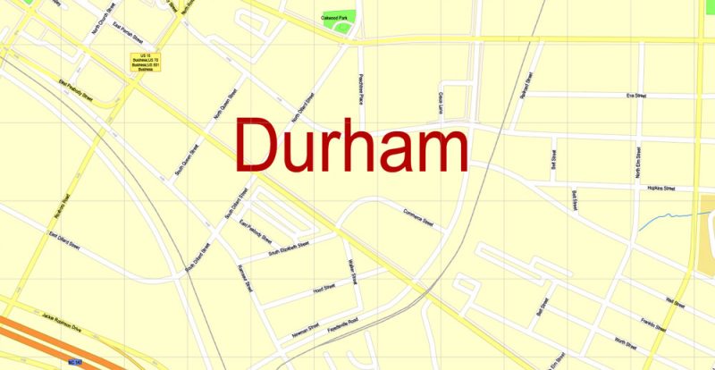 Printable Map Duke University, Durham, North Carolina, US, exact vector street G-View Level 17 (100 meters scale) map, V.30.12. fully editable, Adobe Illustrator