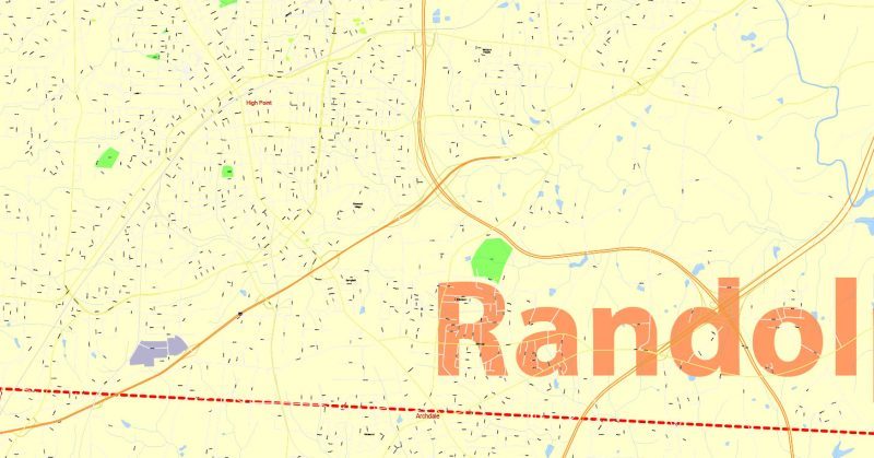 Printable Map Randolph County, North Carolina, US, exact vector street G-View Level 17 (100 meters scale) map, V.21.12. fully editable, Adobe Illustrator, full vector, scalable, editable text format of street names, 10 Mb ZIP.