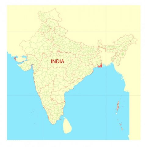 Delhi PDF Map, India, exact vector street G-View Level 17 (100 meters ...