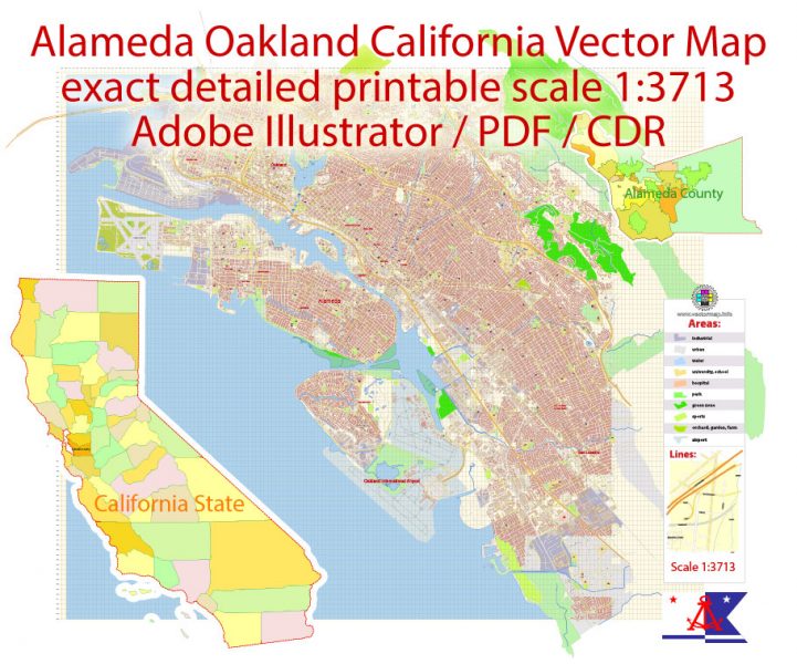 Map Alameda Oakland California US extra detailed City Plan scale 1:3713 full editable Adobe Illustrator