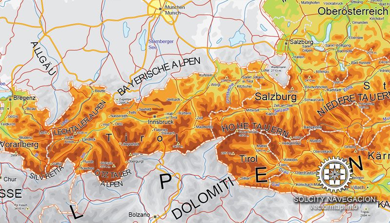 Detailed vector Relief road map Ver.2 of whole Austria. Scalable, editable, and printable vector map with main highways