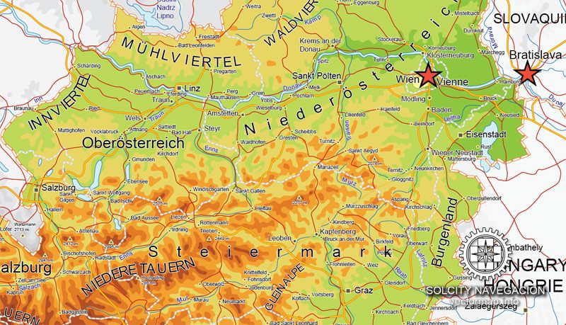 Detailed vector Relief road map Ver.2 of whole Austria. Scalable, editable, and printable vector map with main highways