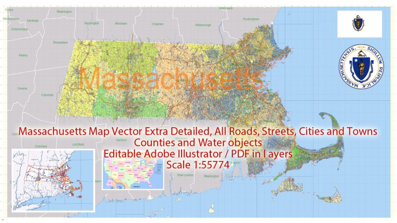 Map Massachusetts State US, exact extra detailed All Roads, Cities and Counties map editable Layered