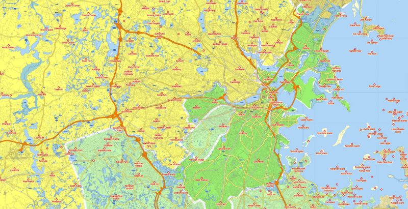 Map Massachusetts State US, exact extra detailed All Roads, Cities and Counties map editable Layered