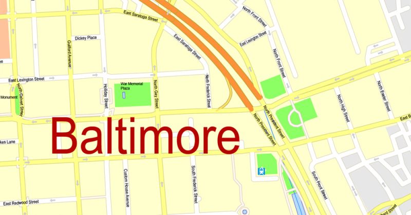 Printable Map Baltimore, Maryland, exact vector street G-View Level 17 (100 meters scale) map, V.08.12. fully editable, Adobe Illustrator, full vector, scalable, editable text format of street names, 14 Mb ZIP.