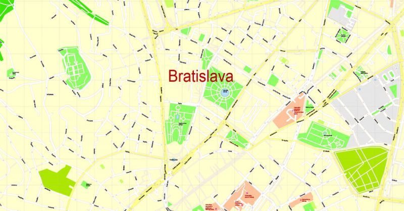 K vytlačenie Mapa Bratislava oblasť metra, Slovensko, presná vektor ulice G-View Level 17 (100 metrov os) máp, V.12.12. plne editovateľné, Adobe Illustrator, plná vektora, škálovateľné, editovateľné textovom formáte názvov ulíc (slovenské), 8 Mb ZIP.