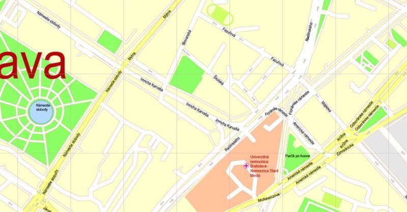K vytlačenie Mapa Bratislava oblasť metra, Slovensko, presná vektor ulice G-View Level 17 (100 metrov os) máp, V.12.12. plne editovateľné, Adobe Illustrator, plná vektora, škálovateľné, editovateľné textovom formáte názvov ulíc (slovenské), 8 Mb ZIP.