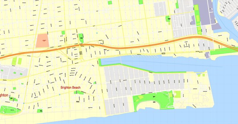 Printable Map Brooklyn, New York, exact vector street G-View Level 17 (100 meters scale) map, V.08.12. fully editable, Adobe Illustrator, full vector, scalable, editable text format of street names, 5 Mb ZIP.