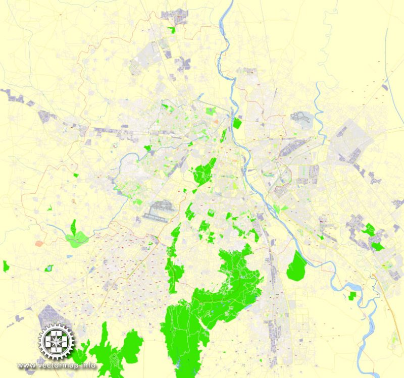 Delhi Printable Map, India, exact vector street G-View Level 17 (100 meters scale) map, V.14.12. fully editable, Adobe Illustrator
