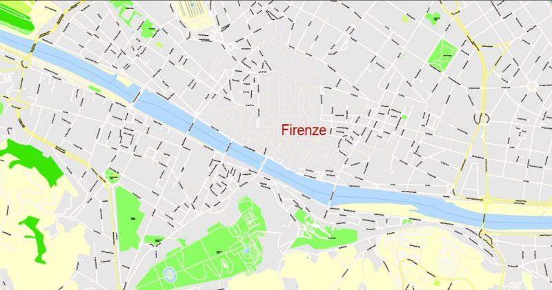 Printable Map Florence Firenze, Italy, exact vector street G-View Level 17 (100 meters scale) map, V.16.12. fully editable, Adobe Illustrator, full vector, scalable, editable text format of street names, 7 Mb ZIP.