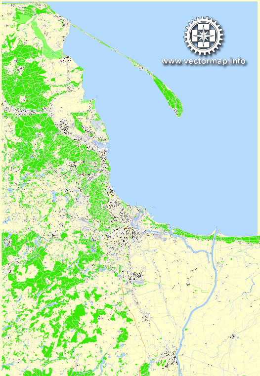 Gdansk + Gdynia + Sopot Printable Map, Poland, exact vector street G-View Level 17 (100 meters scale) map, V.17.12. fully editable, Adobe Illustrator