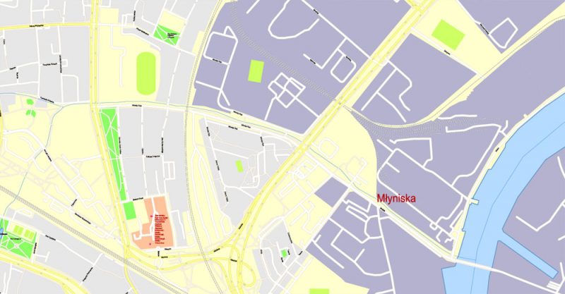 Printable Map Gdansk + Gdynia + Sopot, Poland, exact vector street G-View Level 17 (100 meters scale) map, V.17.12. fully editable, Adobe Illustrator, full vector, scalable, editable text format of street names, 39 Mb ZIP.