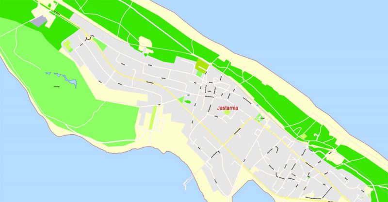 Printable Map Gdansk + Gdynia + Sopot, Poland, exact vector street G-View Level 17 (100 meters scale) map, V.17.12. fully editable, Adobe Illustrator, full vector, scalable, editable text format of street names, 39 Mb ZIP.
