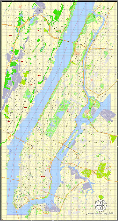 Printable Map Manhattan, New York, exact vector street G-View Level 17 (100 meters scale) map, V.08.12. fully editable, Adobe Illustrator, full vector, scalable, editable text format of street names, 4 Mb ZIP.