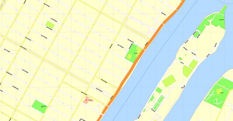 Printable Map Manhattan, New York, exact vector street G-View Level 17 (100 meters scale) map, V.08.12. fully editable, Adobe Illustrator, full vector, scalable, editable text format of street names, 4 Mb ZIP.