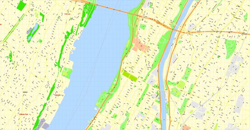 Manhattan Map Editable Vector New York City US exact City Plan 100 meters scale editable Adobe Illustrator Printable Street Map