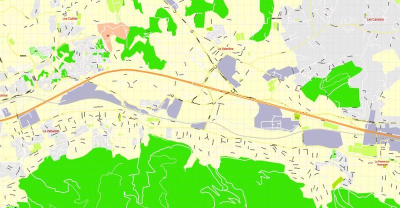 Printable Map Marseille metro area, France, exact vector street G-View Level 17 (100 meters scale) map, V.14.12. fully editable, Adobe Illustrator, full vector, scalable, editable text format of street names, 5 Mb ZIP.