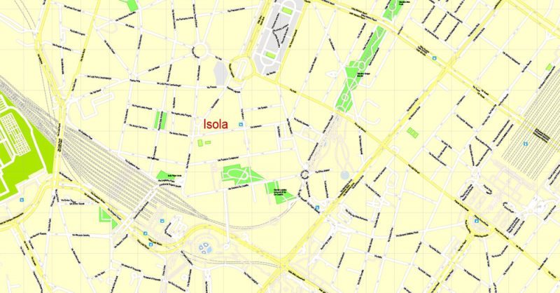 Printable Map Milan, Italy, exact vector street G-View Level 17 (100 meters scale) map, V.21.12. fully editable, Adobe Illustrator, full vector, scalable, editable text format of street names, 19 Mb ZIP.