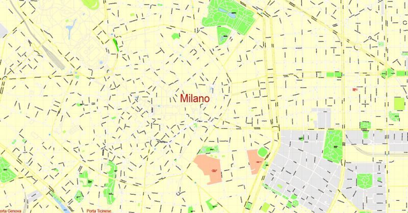 Printable Map Milan, Italy, exact vector street G-View Level 17 (100 meters scale) map, V.21.12. fully editable, Adobe Illustrator, full vector, scalable, editable text format of street names, 19 Mb ZIP.