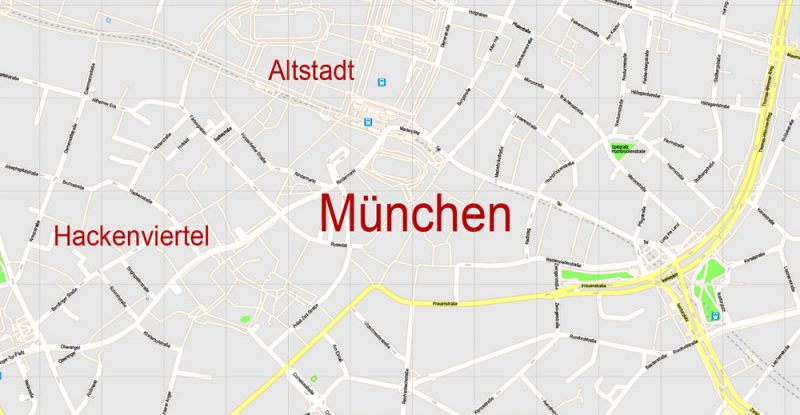 Printable Map Munich / München, Germany, exact vector street G-View Level 17 (100 meters scale) map, V.30.12. fully editable Adobe Illustrator, full vector, scalable, editable text format of street names, 16 Mb ZIP.