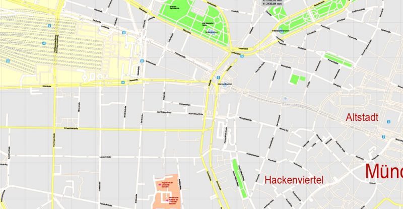 Printable Map Munich / München, Germany, exact vector street G-View Level 17 (100 meters scale) map, V.30.12. fully editable Adobe Illustrator, full vector, scalable, editable text format of street names, 16 Mb ZIP.