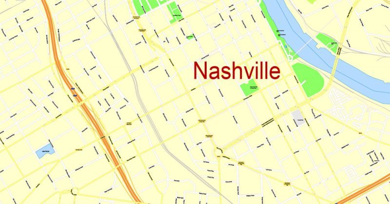 Printable Map Nashville, Tennessee, US, exact vector street G-View Level 17 (100 meters scale) map, V.16.12. fully editable, Adobe Illustrator, full vector, scalable, editable text format of street names, 9 Mb ZIP.