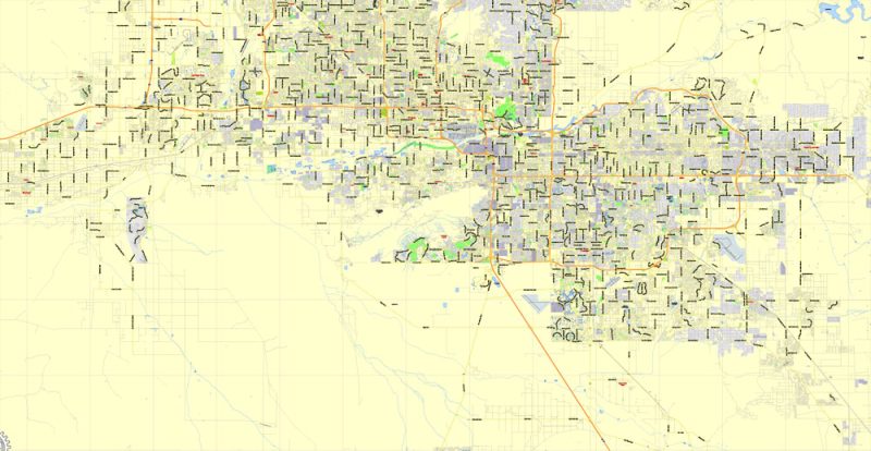 Phoenix metro area Printable Map, Arizona, exact vector street G-View Level 13 (2000 meters scale) map, V.12.12. fully editable, Adobe Illustrator