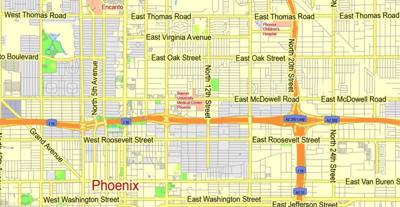 Printable Map Phoenix area, Arizona, exact vector street G-View Level 13 (2000 meters scale) map, V.12.12. fully editable, Adobe Illustrator, full vector, scalable, editable text format of street names, 11 Mb ZIP.
