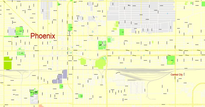Printable Map Phoenix, Arizona, exact vector street G-View Level 17 (100 meters scale) map, V.12.12. fully editable, Adobe Illustrator, full vector, scalable, editable text format of street names, 19 Mb ZIP.