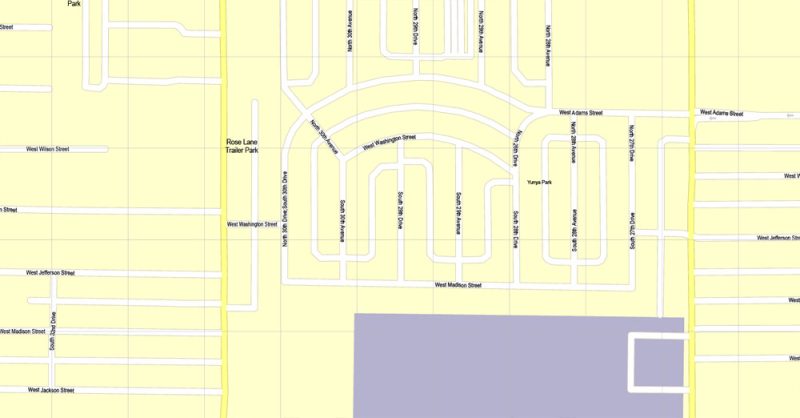 Printable Map Phoenix, Arizona, exact vector street G-View Level 17 (100 meters scale) map, V.12.12. fully editable, Adobe Illustrator, full vector, scalable, editable text format of street names, 19 Mb ZIP.