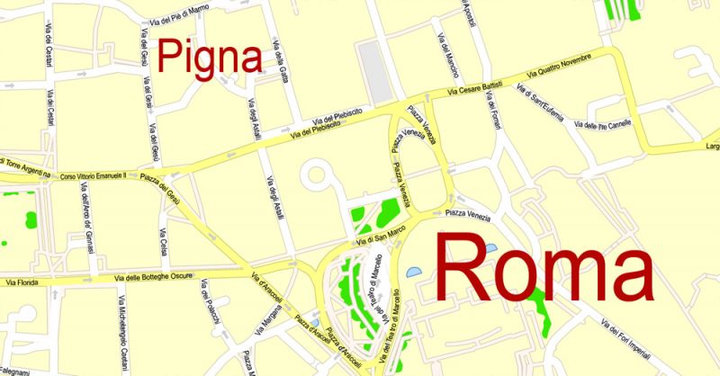 Printable Map Rome, Italy, exact vector street G-View Level 17 (100 meters scale) map, V.14.12. fully editable, Adobe Illustrator, full vector, scalable, editable text format of street names, 14 Mb ZIP.