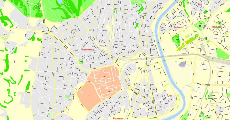 Printable Map Rome, Italy, exact vector street G-View Level 17 (100 meters scale) map, V.14.12. fully editable, Adobe Illustrator, full vector, scalable, editable text format of street names, 14 Mb ZIP.