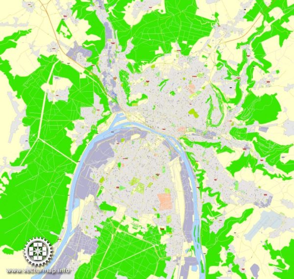 Rouen metro area Printable Map, France, exact vector street G-View Level 17 (100 meters scale) map, V.12.12. fully editable, Adobe Illustrator