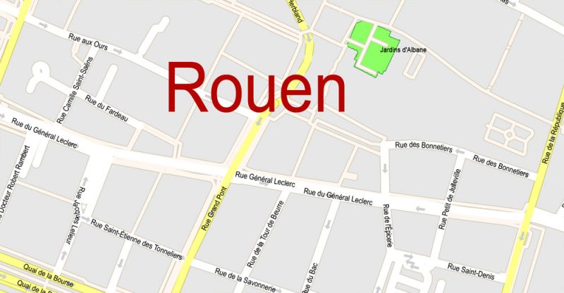 Printable Map Rouen metro area, France, exact vector street G-View Level 17 (100 meters scale) map, V.12.12. fully editable, Adobe Illustrator, full vector, scalable, editable text format of street names, 4 Mb ZIP.