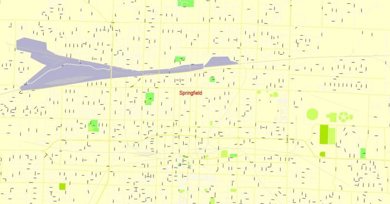 Printable Map Springfield, Missouri, US, exact vector street G-View Level 17 (100 meters scale) map, V.16.12. fully editable, Adobe Illustrator, full vector, scalable, editable text format of street names, 4 Mb ZIP.