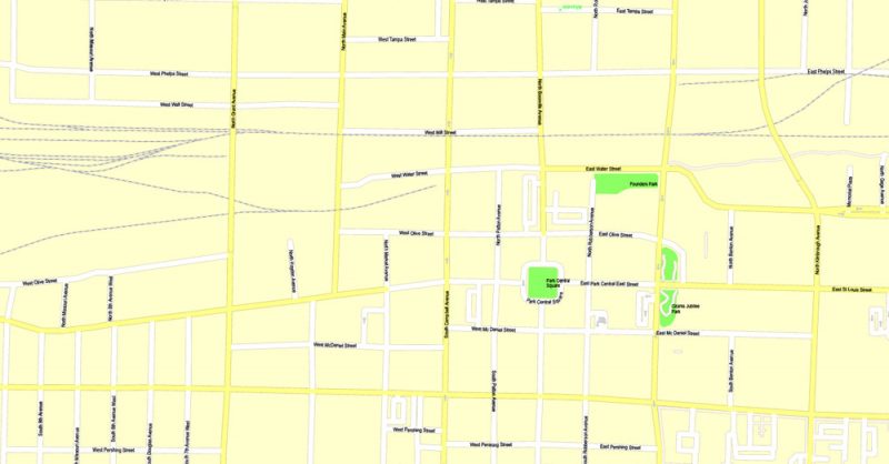 Printable Map Springfield, Missouri, US, exact vector street G-View Level 17 (100 meters scale) map, V.16.12. fully editable, Adobe Illustrator, full vector, scalable, editable text format of street names, 4 Mb ZIP.