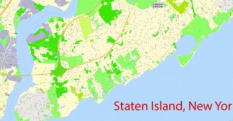 Printable Map Staten Island, New York, exact vector street G-View Level 17 (100 meters scale) map, V.08.12. fully editable, Adobe Illustrator, full vector, scalable, editable text format of street names, 3 Mb ZIP.