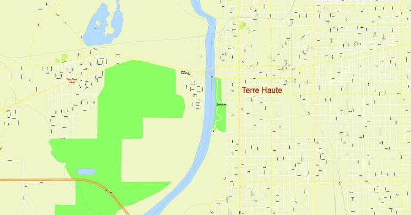 Printable Map Vigo County + Terre Haute Indiana, US, exact vector street G-View Level 17 (100 meters scale) map, V.08.12. fully editable, Adobe Illustrator, full vector, scalable, editable text format of street names, 2 Mb ZIP.