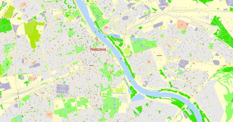 Printable Map Warsaw (Warszawa), Poland, exact vector street G-View Level 17 (100 meters scale) map, V.08.12. fully editable, Adobe Illustrator, full vector, scalable, editable text (pol) format of street names, 46 Mb ZIP.