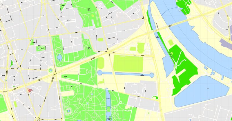 Printable Map Warsaw (Warszawa), Poland, exact vector street G-View Level 17 (100 meters scale) map, V.08.12. fully editable, Adobe Illustrator, full vector, scalable, editable text (pol) format of street names, 46 Mb ZIP.