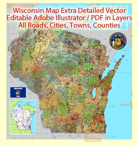 Map Wisconsin State US, exact extra detailed All Roads, Cities and Counties