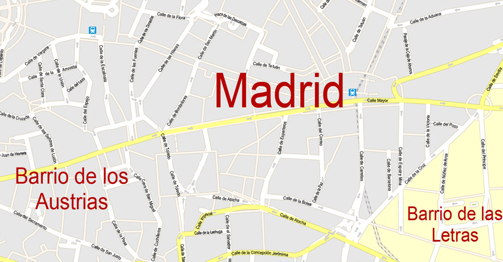 Printable Map Madrid, Spain, exact vector street G-View Level 17 (100 meters scale) map, V.31.12. fully editable, Adobe Illustrator, full vector, scalable, editable text format of street names, 22 Mb ZIP.