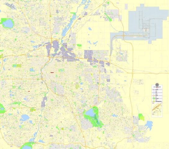 Denver Printable Map, Colorado, US, exact vector street G-View Plan ...