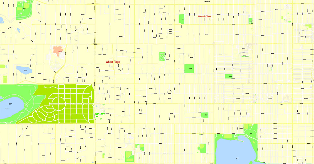 Printable Map Denver, Coporado, US, exact vector street G-View Plan City Level 17 (100 meters scale) map, V.08.01. fully editable, Adobe Illustrator, full vector, scalable, editable text format of street names, 24 Mb ZIP.