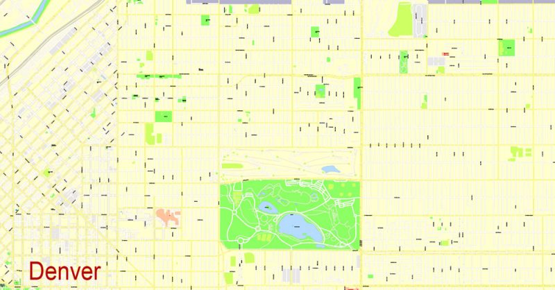 Printable Map Denver, Coporado, US, exact vector street G-View Plan City Level 17 (100 meters scale) map, V.08.01. fully editable, Adobe Illustrator, full vector, scalable, editable text format of street names, 24 Mb ZIP.
