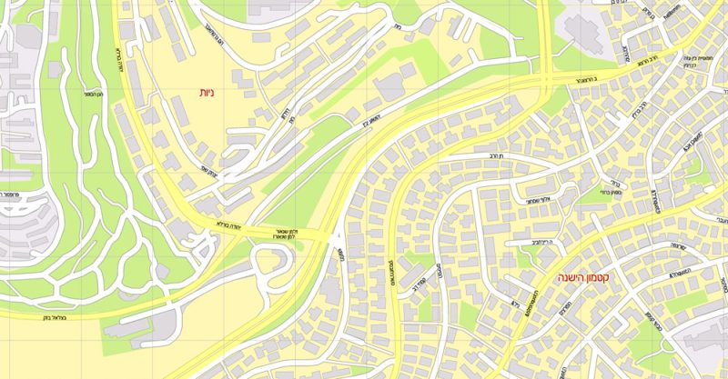 Printable Map Jerusalem, Israel, HEBREW vector map Adobe Illustrator editable G-View Level 17 (100 meters scale) V.07.01.17, full vector, scalable, hebrew curves format street names, 18 mb ZIP