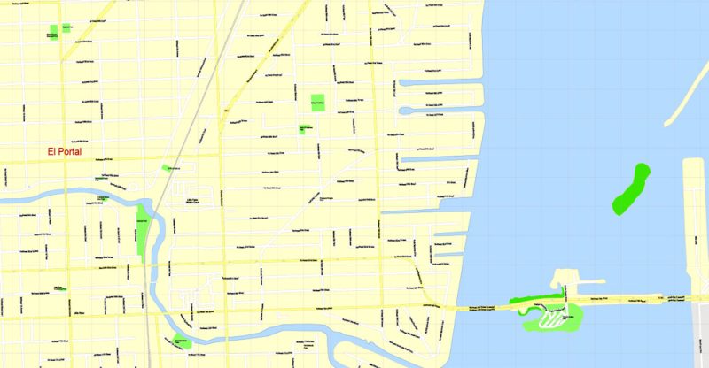 Printable Map Miami, Florida, US, exact vector street G-View Level 17 (100 meters scale) map, V.31.12. fully editable, Adobe Illustrator, full vector, scalable, editable text format of street names, 5 Mb ZIP.