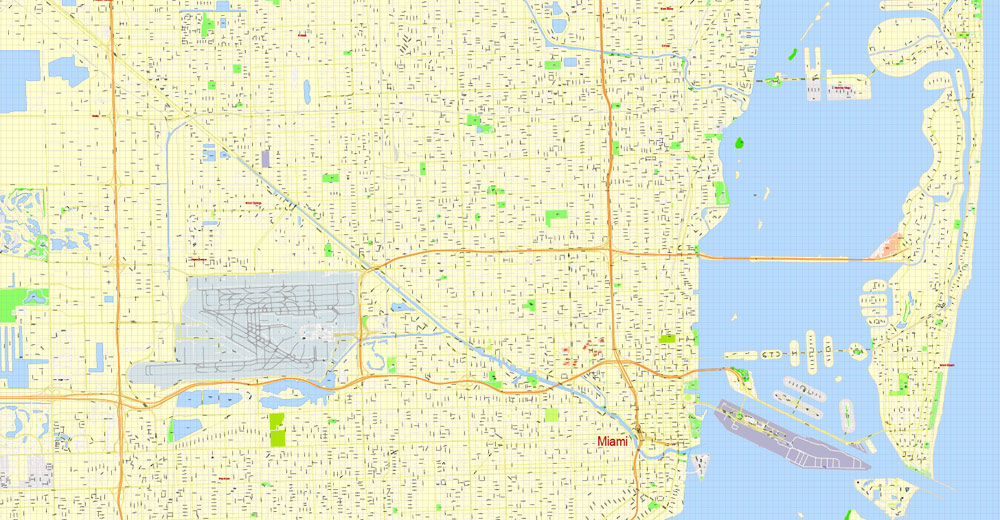 Printable Map Miami, Florida, US, exact vector street G-View Level 17 (100 meters scale) map, V.31.12. fully editable, Adobe Illustrator, full vector, scalable, editable text format of street names, 5 Mb ZIP.