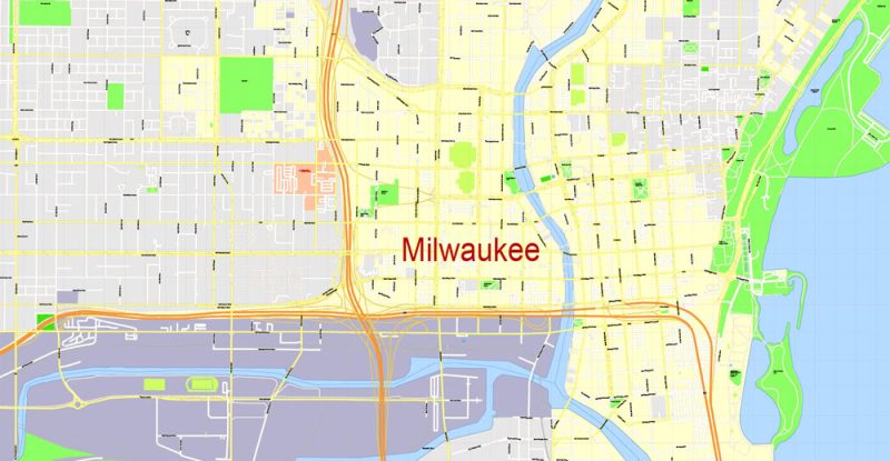 Printable Map Milwaukee, Wisconsin, US, exact vector street G-View Level 17 (100 meters scale) map, V.31.12. fully editable, Adobe Illustrator, full vector, scalable, editable text format of street names, 16 Mb ZIP.